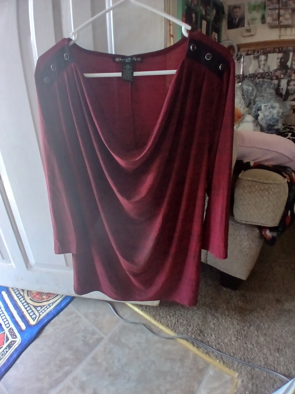 Suzie In The City Draped Burgundy Blouse with Grommet Shoulder Detail